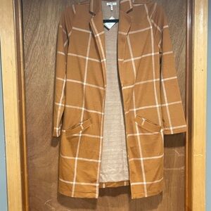 Windowpane Plaid Open Front Coatigan - Camel